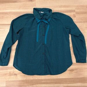 Mod V Pattern Ribbon Tie Lapel Collar Blouse